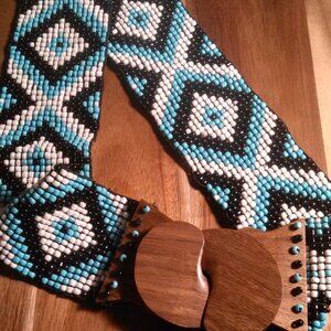 Southwestern Turquoise and White Seed Beaded Belt with Wooden Buckle
